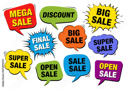 Set of vector flat colorful green, red, blue and yellow speech bubble shaped banners, price tags, stickers, posters, badges. Isolated on white background