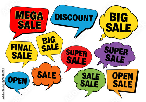 Set of vector flat colorful green, red, blue and yellow speech bubble shaped banners, price tags, stickers, posters, badges. Isolated on white background