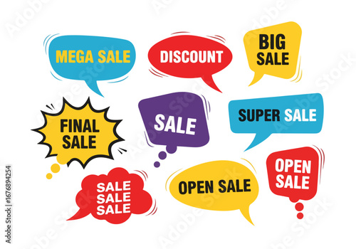 Set of vector flat colorful green, red, blue and yellow speech bubble shaped banners, price tags, stickers, posters, badges. Isolated on white background