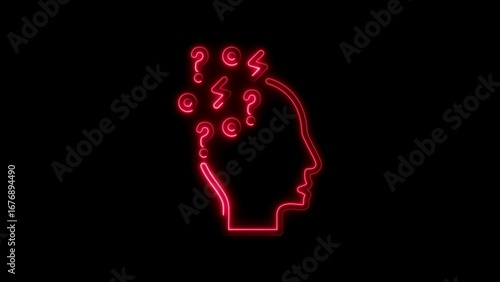 Red Neon Silhouette of a Human Head with Question Marks on Black Background thinking confusion