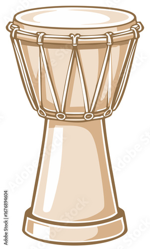 Single Djembe Drum Illustration Isolated on White, Traditional African Percussion Instrument