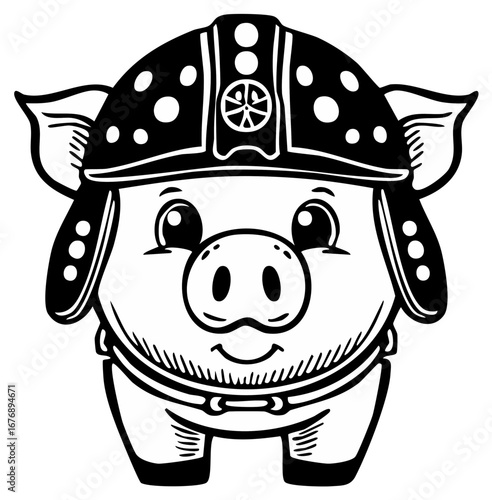 Cartoon piglet character in a helmet illustration, retro style, line art, cute smiling animal, farm animal, simple illustration