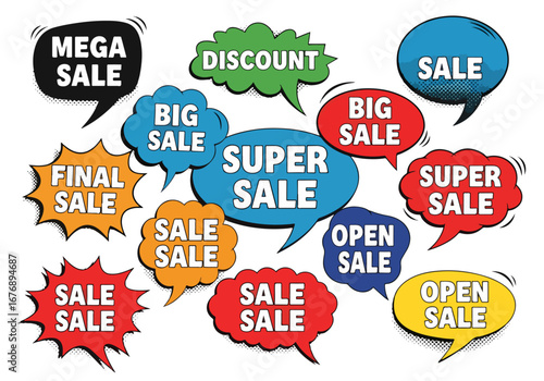 Empty explosions comical sale speech bubbles and thinking sign symbols. Vector illustration.