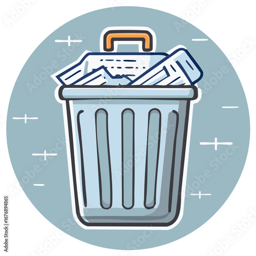 Overfilled paper trash can with documents and information waste