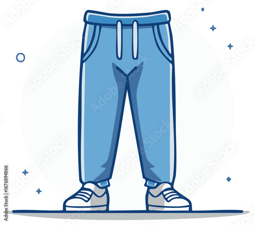Cartoon Illustration of Blue Sweatpants and Sneakers Outfit with Drawstring