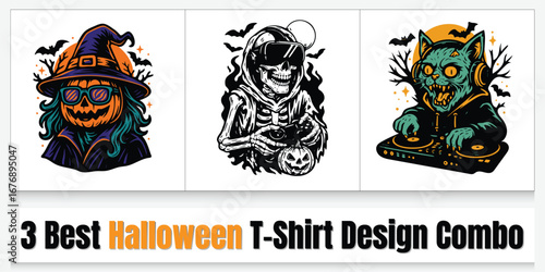 Collection of three unique halloween t shirt designs featuring a pumpkin witch a spooky skeleton and a zombie cat dj