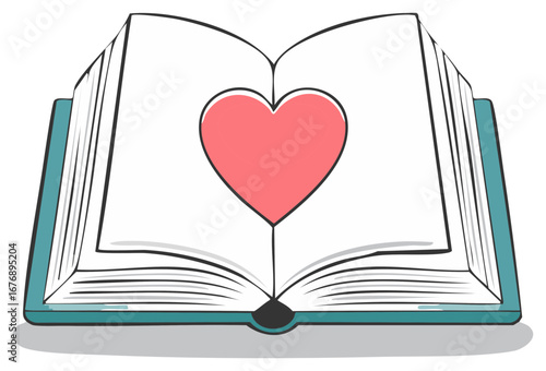 Illustration of an open book with a heart shape in the middle