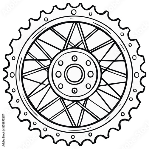 Detailed line art drawing of a motorcycle rear wheel with spokes and a toothed sprocket