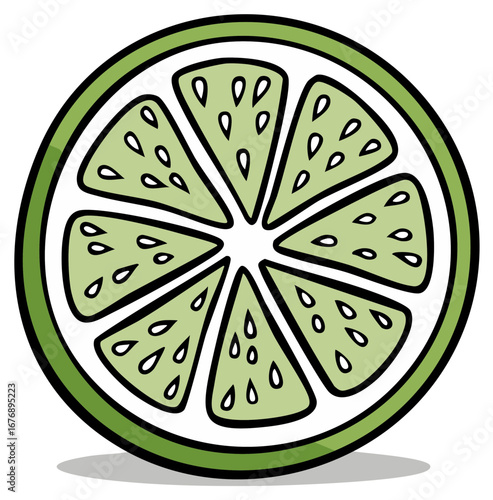 Stylized illustration of a lime slice with green segments and seeds