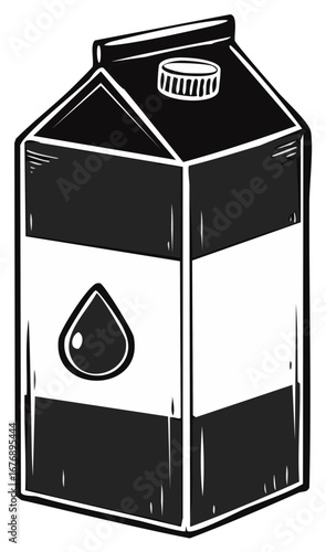 Hand-drawn monochrome milk or juice carton illustration with droplet symbol and screw cap