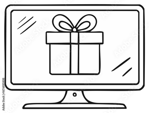 Gift box on a computer screen illustration black and white line art, vector graphic on monitor display