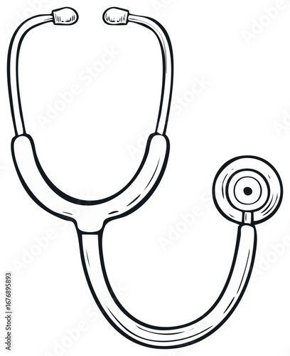 Hand drawn medical stethoscope black and white outline illustration