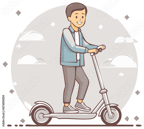 Young man happily riding an electric scooter through a stylized sky with clouds