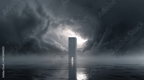 Mysterious solitary tower emerging from foggy landscape with dramatic cloudy sky