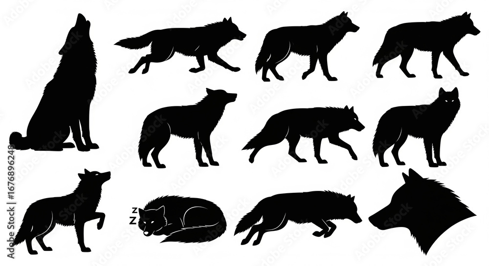 Obraz premium Collection of diverse wolf silhouettes in various poses including howling and walking on an isolated transparent background.