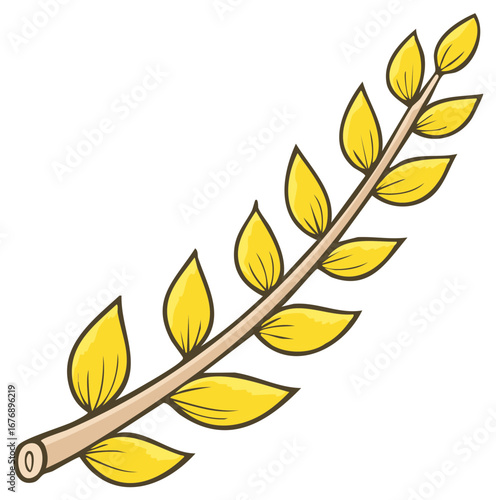 Cartoon branch with yellow leaves, botany drawing. A simple plant illustration.