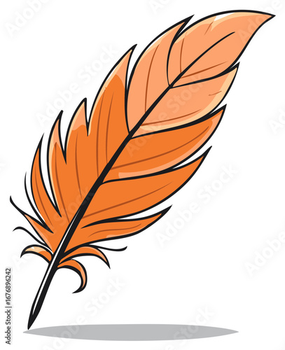 Orange feather illustration with black outline and quill design