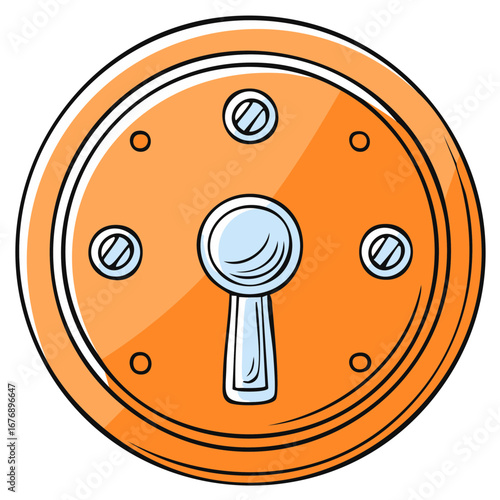 Round orange lock with keyhole and screws in a simple cartoon style
