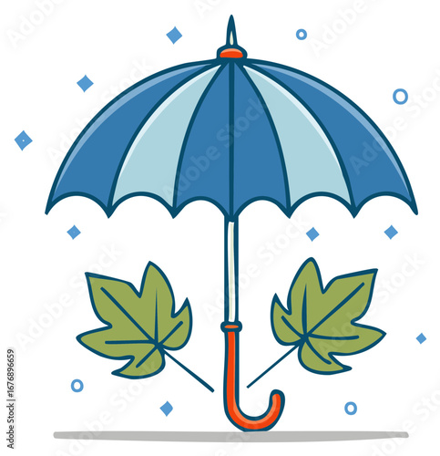 Cute cartoon blue striped umbrella with green autumn leaves for seasonal weather design