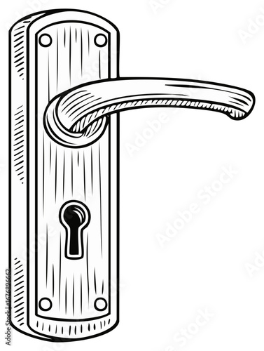 Vintage doorknob and lock plate with keyhole and horizontal handle in sketch style