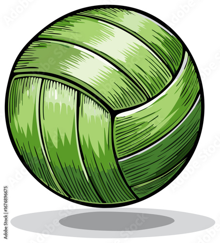 Green Volleyball Sport Ball with Shadow Isolated on White Background Cartoon Style