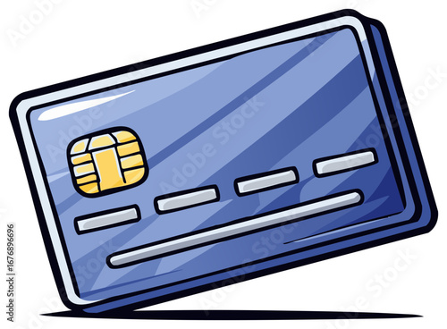 Blue credit card cartoon illustration with security chip for finance and payment
