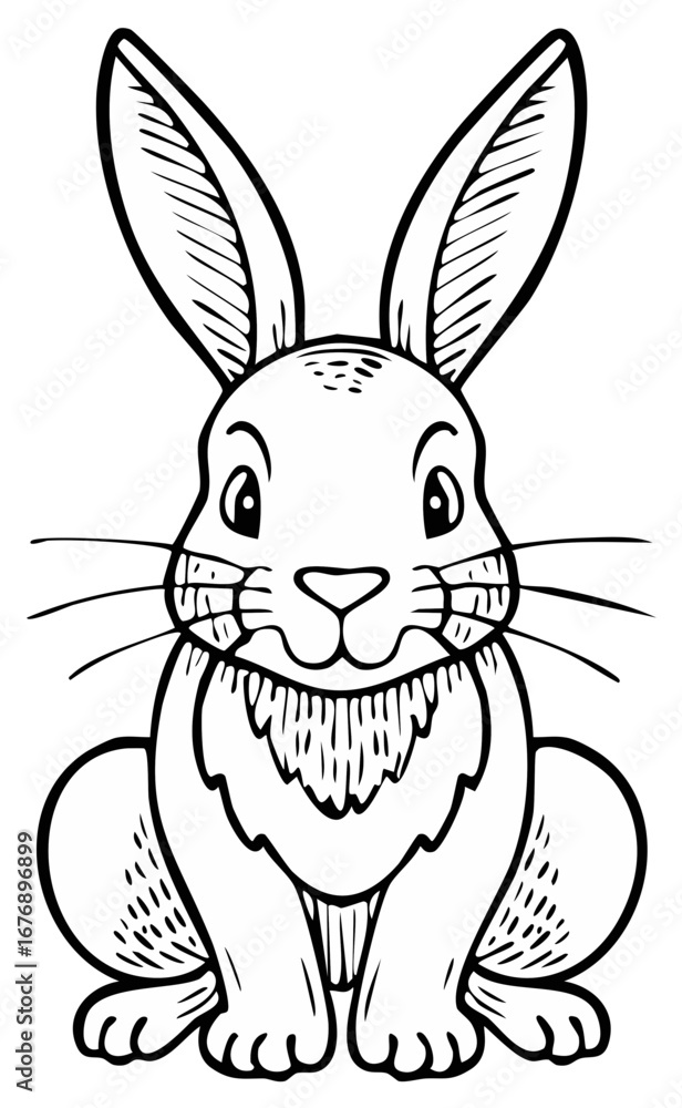 Fototapeta premium Adorable Bunny Rabbit Portrait Hand-Drawn Style Line Art Easter Theme