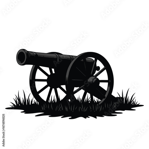 Black cannon on wheels in grass illustration artillery