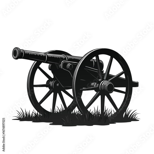 Black Civil War Cannon on Grass Illustration artillery
