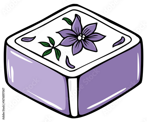 Square soap with flower pattern. Personal hygiene, cleansing