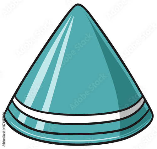 Teal conical party hat with white stripes, simple celebratory graphic
