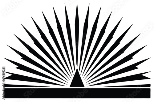 Abstract Graphic Sunburst with Pointed Rays and Solid Horizontal Bar in Black and White