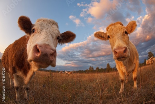 Two curious cows in a field at sunset