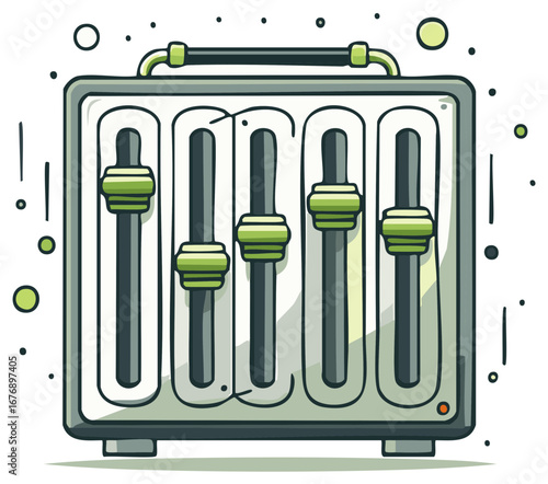 Cartoon style audio equalizer graphic with five adjustable faders
