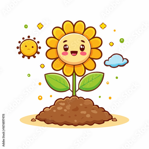A vibrant and cheerful cartoon sunflower with a happy face, blooming from fertile soil, surrounded by a friendly sun and a fluffy cloud, representing natural growth and joy