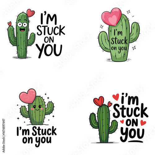 Cute cactus characters with hearts and text cartoon