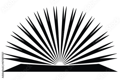 Black and White Graphic Design Abstract Sun Rays Rising from Geometric Ground