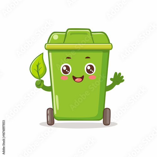 Cute green recycling bin character holding a green leaf, waving hello, and smiling, representing eco-friendly waste management and environmental awareness