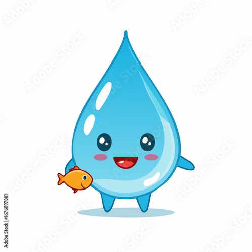 Adorable Water Drop Character Holding a Fish