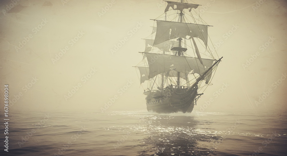 Obraz premium Mysterious old ship sailing in misty sea