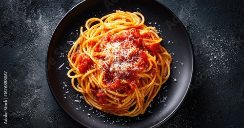 Overhead view of spaghetti with tomato sauce and cheese on a black plate