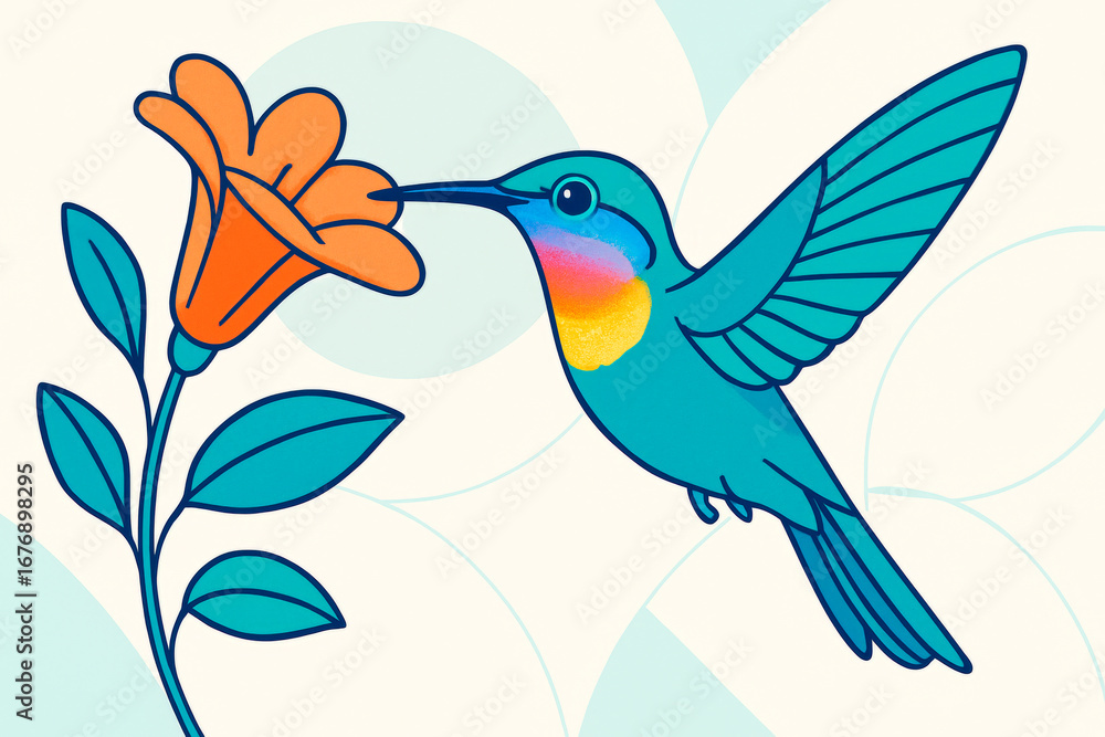 Obraz premium Colorful hummingbird drinking nectar from orange flower in minimalist flat art style on light abstract background. Concept of nature and beauty. Ai generative