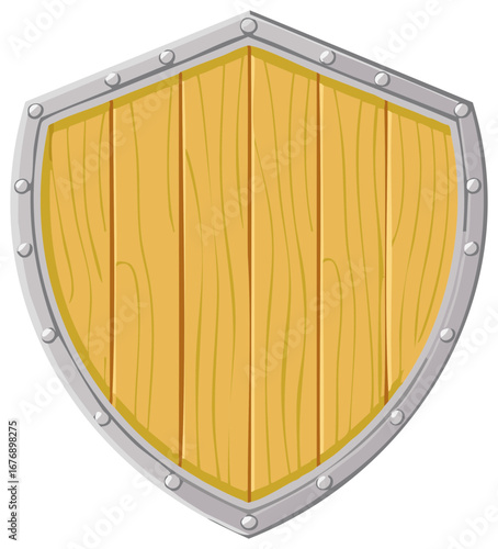Classic Wooden Shield with Metal Border and Rivets Cartoon Style
