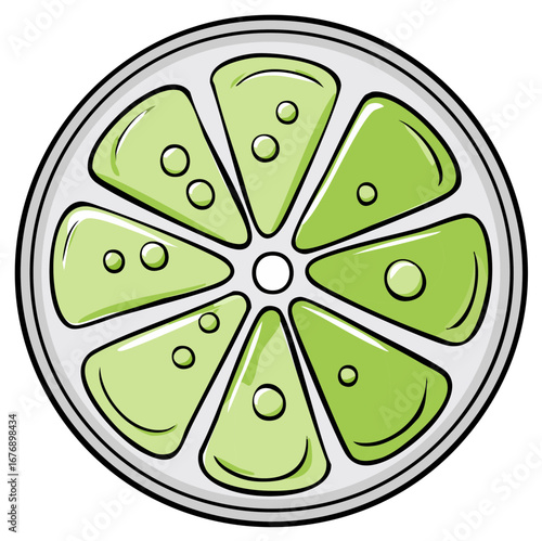 Stylized cartoon illustration of a fresh green lime slice with bubbles