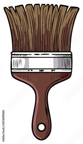 Vector illustration of a classic brown paintbrush with a wooden handle in a cartoon style
