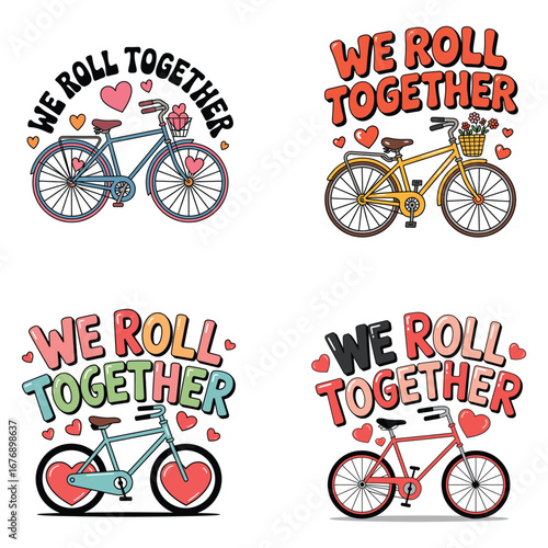 Bicycles with hearts and text love together