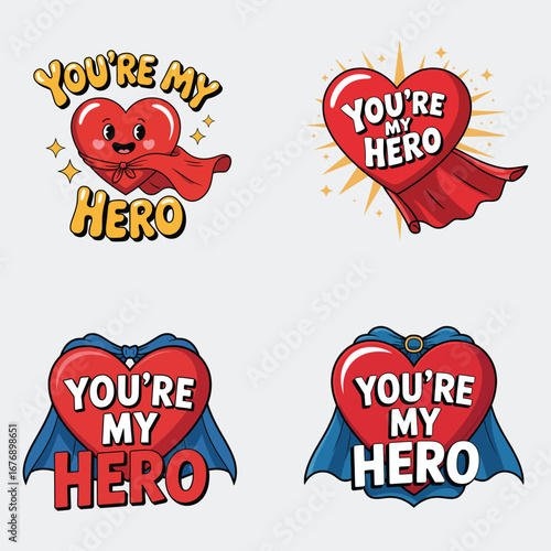 Red hearts with superhero capes and text blue