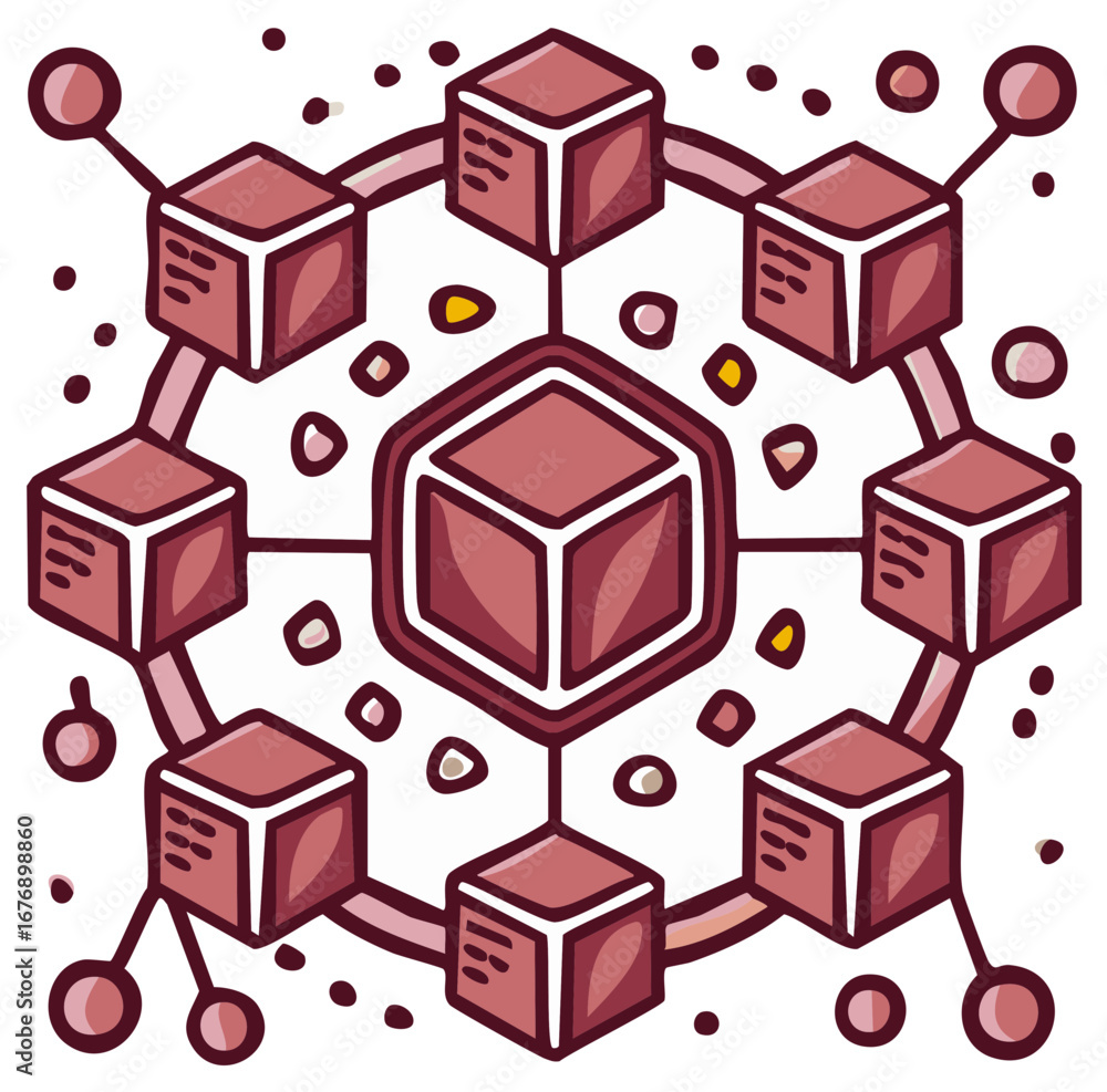 Obraz premium Digital network structure diagram with connected cubes and lines for data transfer.