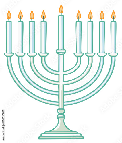 Nine Branch Menorah with Lit Candles Illustration Celebration Holiday Religious Symbol