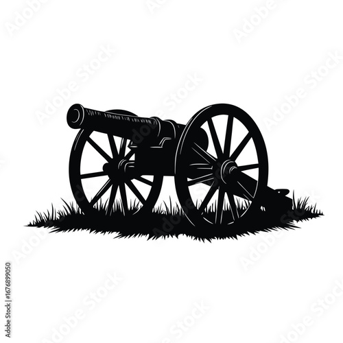 Black silhouette of a historical cannon on grass artillery 2